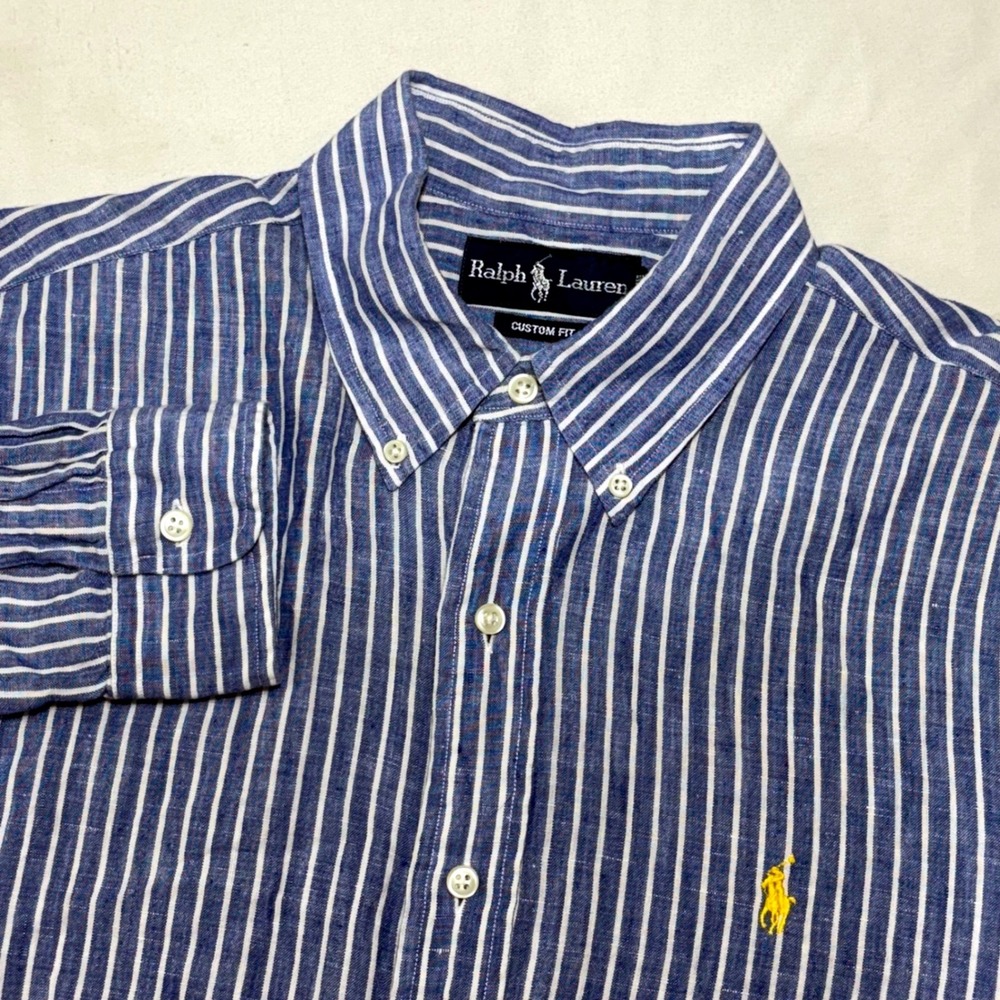 Ralph Lauren 100% Linen Shirt Men Large Blue White Stripe Custom Fit Pony Logo L